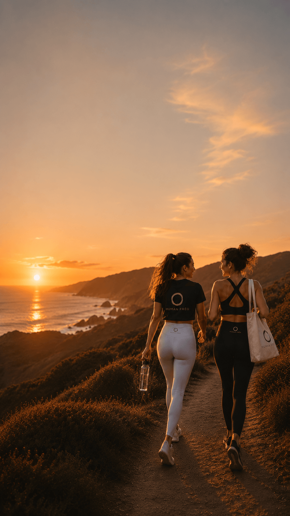 Two women walking a golden-hour trail